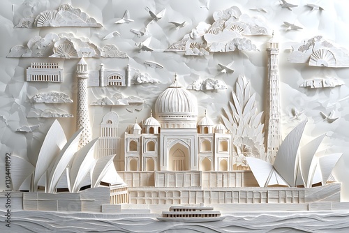 Obraz na płótnie Paper art depicting a world tour featuring famous architectural landmarks w salonie