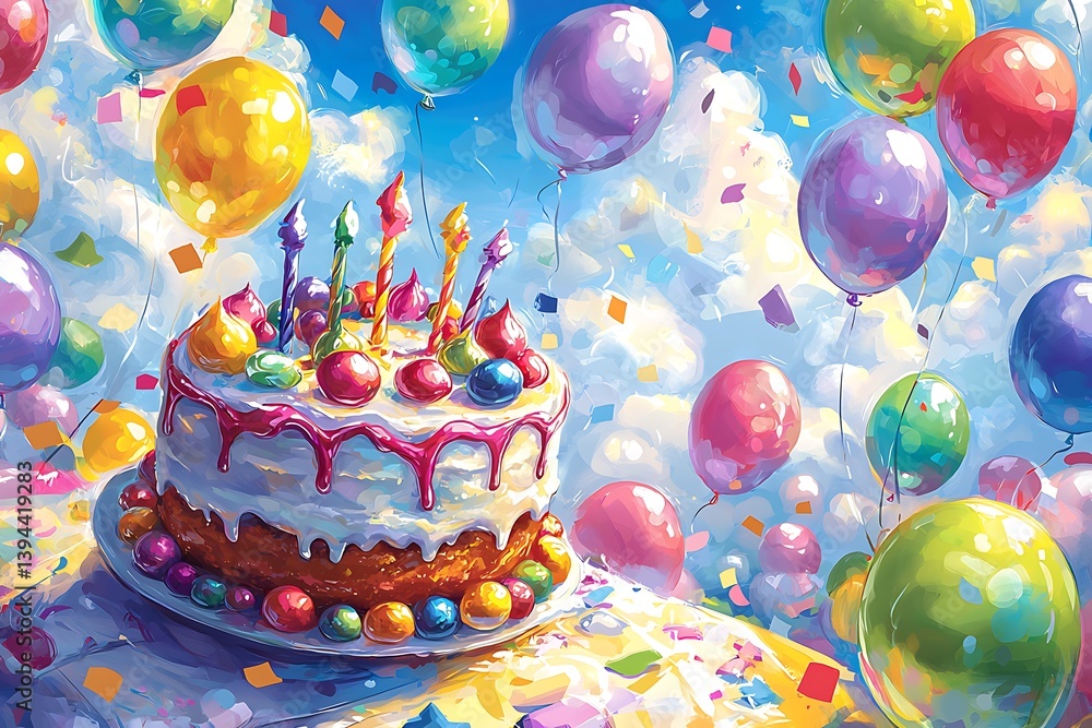 Colorful birthday cake with candles and floating balloons for celebration