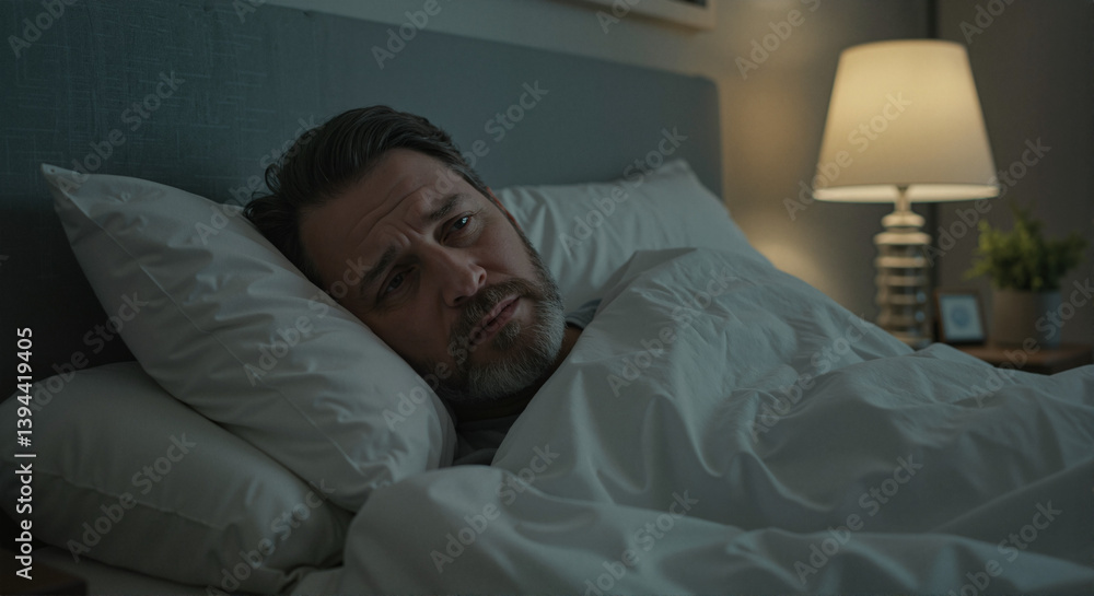 Man in Bed with Worrying Expression at Night for Mental Health Awareness, Wellness Blogs, Emotional Support Resources, and Stress Management Presentations