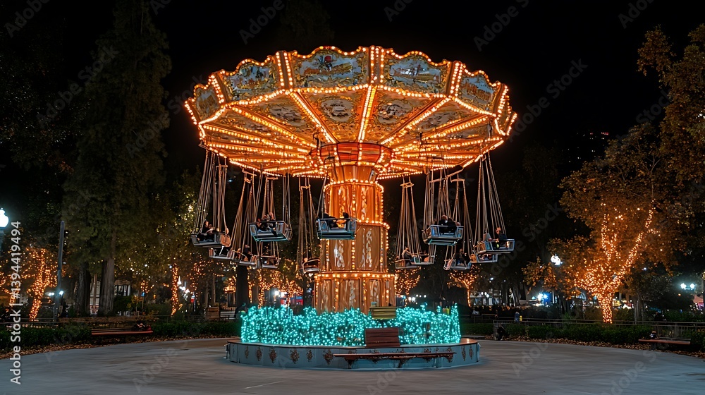 The Illuminated Swing Ride at Night in a Festive Park