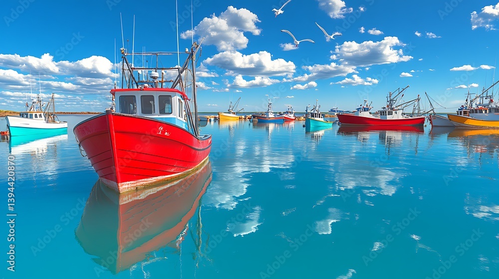 Colorful fishing boats floating on clear water on a beautiful day