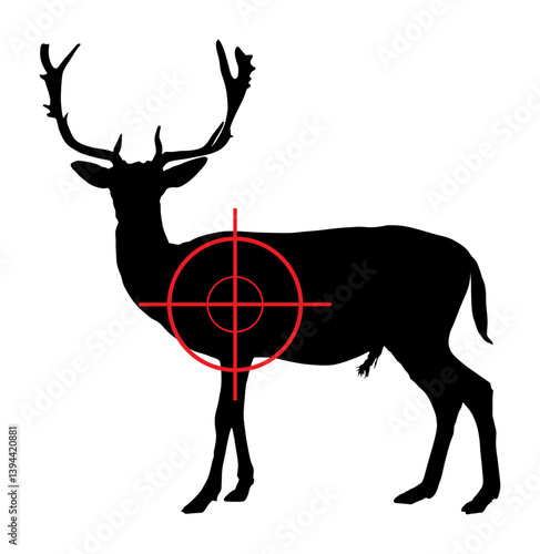 Man hunter sight sniper rifle aims at deer Sika male vector silhouette illustration isolated. Hunting wild animal target buck shape. Precise shoot targeting antlers trophy prey shadow. Hunt shooting.