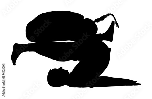 Sport exercises yoga couple in love pose vector silhouette isolated. Active boy and girl gym stretching worming up. Health care activity male female. Woman and man acrobat stretching worming up shape.