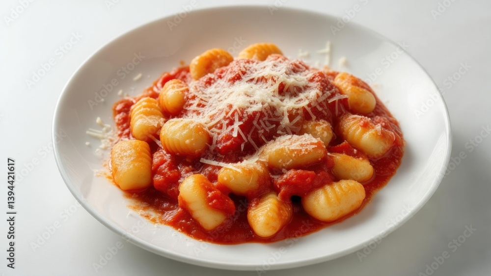 Delicious gnocchi served with rich tomato sauce and grated cheese on a white plate Delicious gnocchi served with rich tomato sauce and grated cheese on a white plate