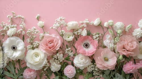 Pink and White Flower Border on Pink Background