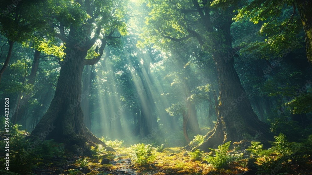 A serene forest scene with towering trees, sunlight filtering through the foliage, illuminating the lush undergrowth. A serene forest scene with towering trees, sunlight filtering through the foliage, illuminating the lush undergrowth.