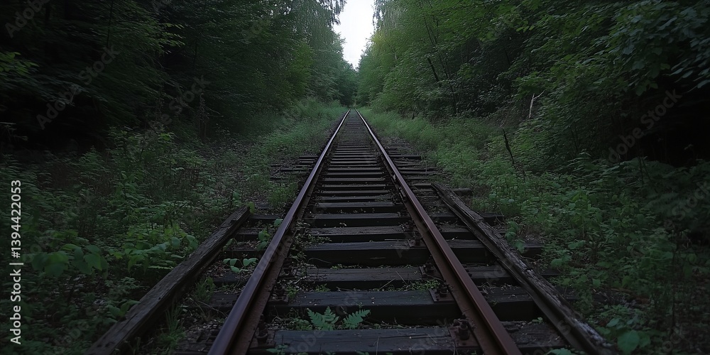 An overgrown railway track disappearing into a dense forest, with old wooden sleepers rotting away. An overgrown railway track disappearing into a dense forest, with old wooden sleepers rotting away.