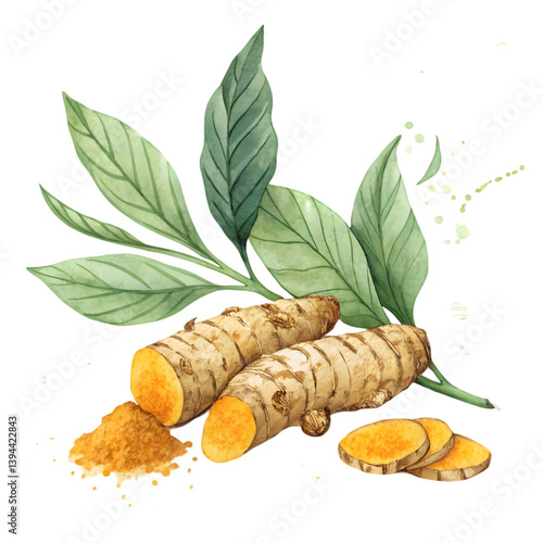 Turmeric Root & Powder Watercolor on transparent background
