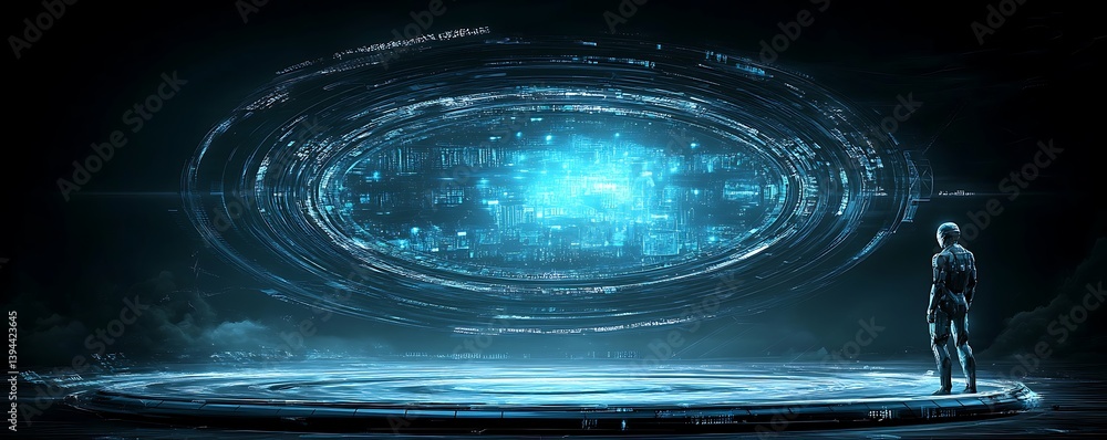 A lone figure gazes at a futuristic glowing energy portal