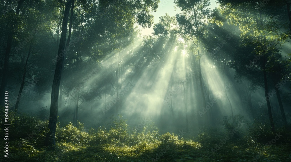 A serene forest scene with light streaming through the trees, creating a mystical atmosphere filled with greenery and soft fog. A serene forest scene with light streaming through the trees, creating a mystical atmosphere filled with greenery and soft fog.