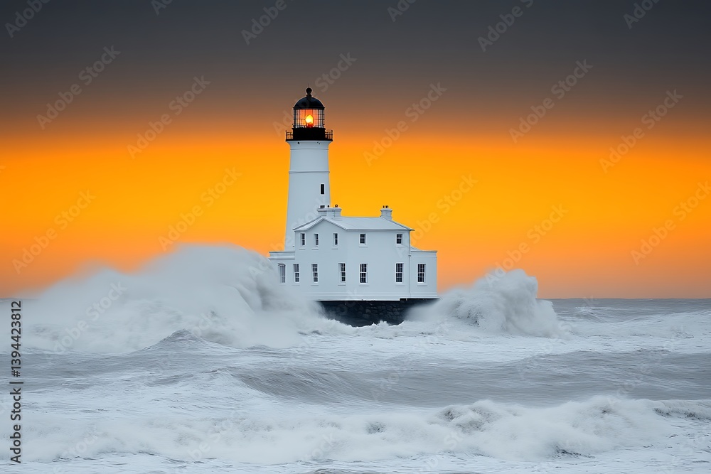 A white lighthouse enduring tumultuous waves during a brilliant sunset