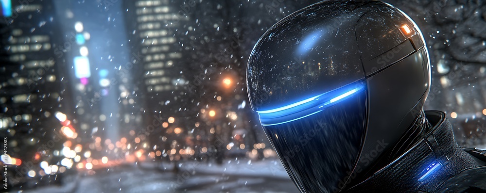 A futuristic figure wearing a glowing helmet amidst a snowy city