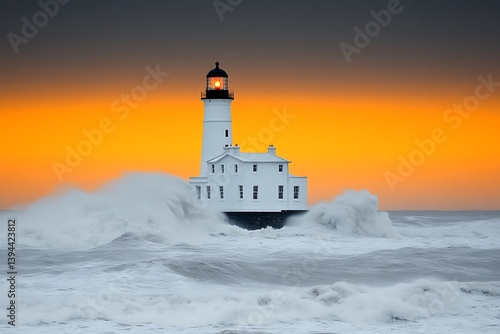 Obraz na płótnie A white lighthouse enduring tumultuous waves during a brilliant sunset w salonie
