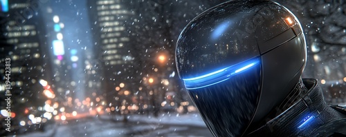 Obraz na płótnie A futuristic figure wearing a glowing helmet amidst a snowy city w salonie