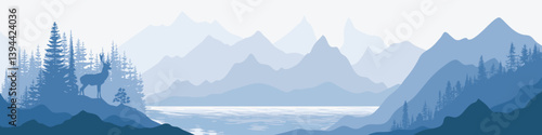 Mountain landscape, lake and forest, deer on a rock, panoramic view, vector illustration