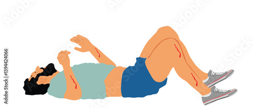 Man with injured bleeding leg lying down on the ground vector. Car crush traffic accident patient needs medic help. First aid rescue victim. Sport boy needs doctor emergency. Work injury fall on site.