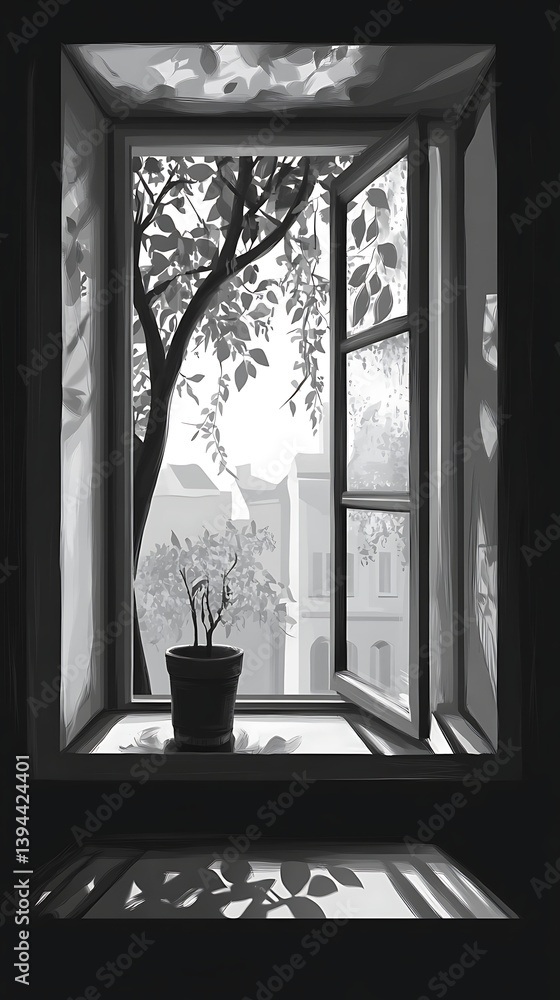 Obraz premium Gray-Scale Window View of Cityscape