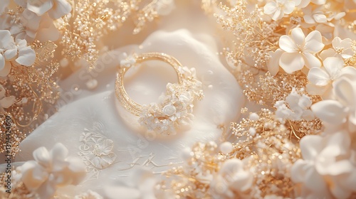 Obraz na płótnie Gold bracelet encircled by floral adornments with soft fabric background w salonie