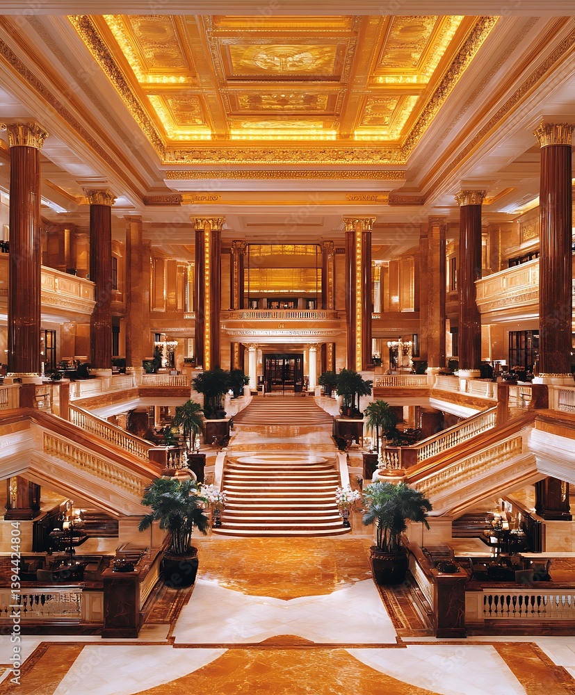 A luxurious and opulent hotel lobby with grand staircase and columns