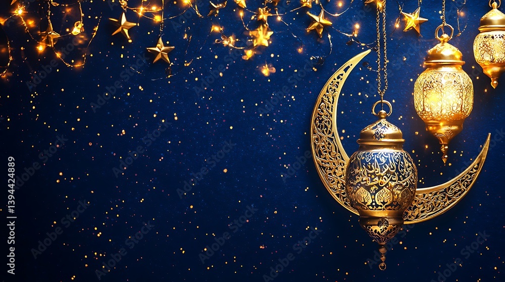 Decorative golden lanterns with stars and crescent moon hanging down