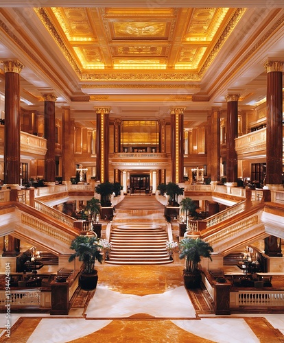 Obraz na płótnie A luxurious and opulent hotel lobby with grand staircase and columns w salonie