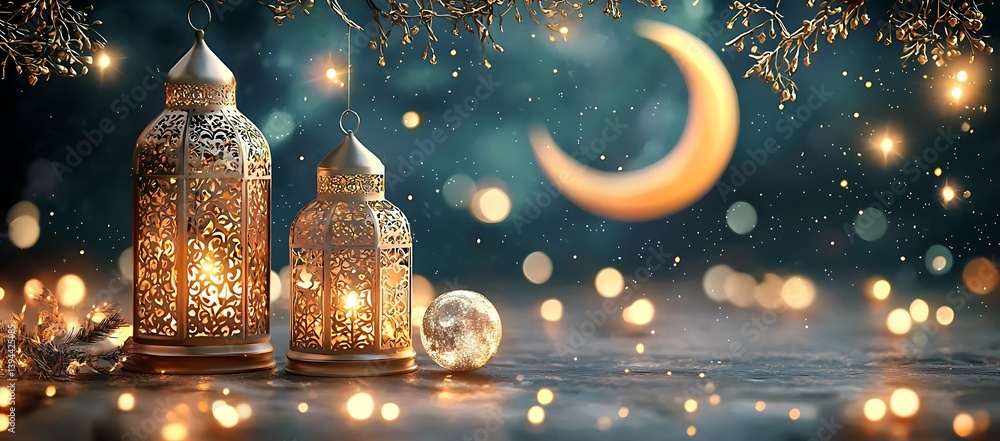 Two ornate lanterns glowing with warm light and a crescent moon