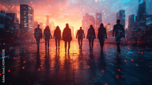 Futuristic city, silhouettes of people walking towards the setting sun.