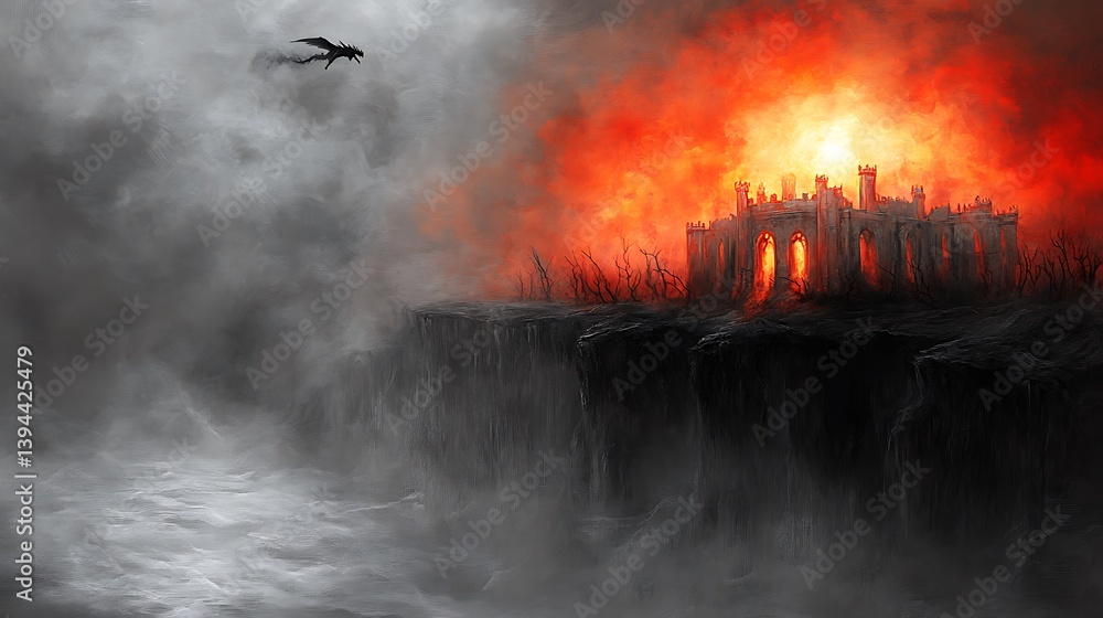 A castle on a cliff with a dragon soaring above it
