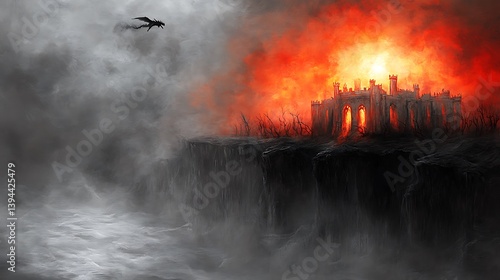 A castle on a cliff with a dragon soaring above it