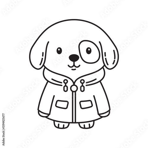 Cute Puppy Little Dog Pet Animal Cartoon Character Wearing Jacket Coat in Line Art Design