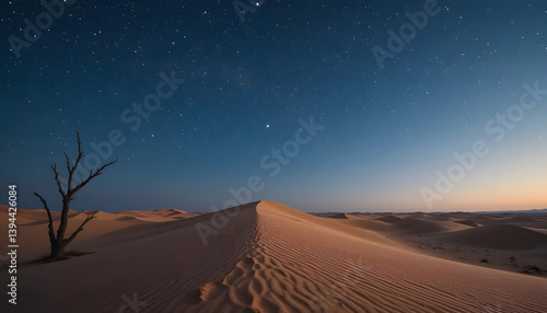 A peaceful desert landscape with sand dunes under a starry sky