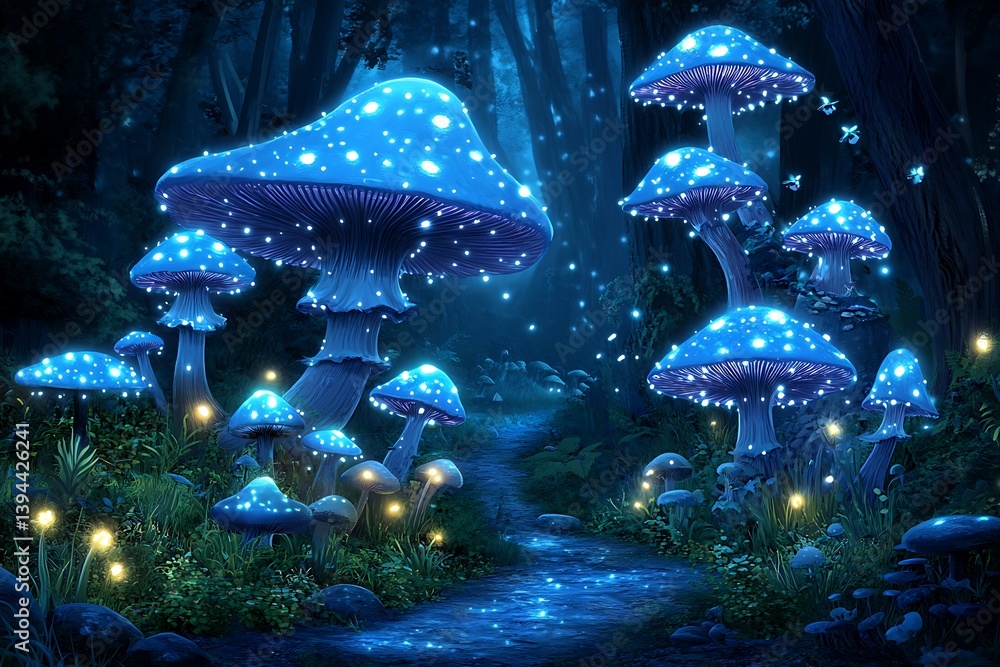 A magical forest scene illuminated with glowing blue mushrooms at night