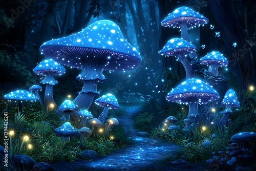 Obraz na płótnie A magical forest scene illuminated with glowing blue mushrooms at night w salonie