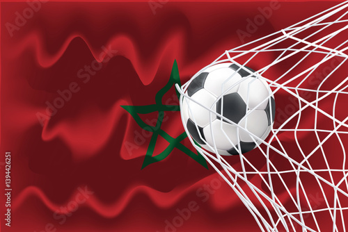 Morocco flag with a soccer ball in a net Concept of Africa Cup OF Nations 2025-26 Football Tournament.