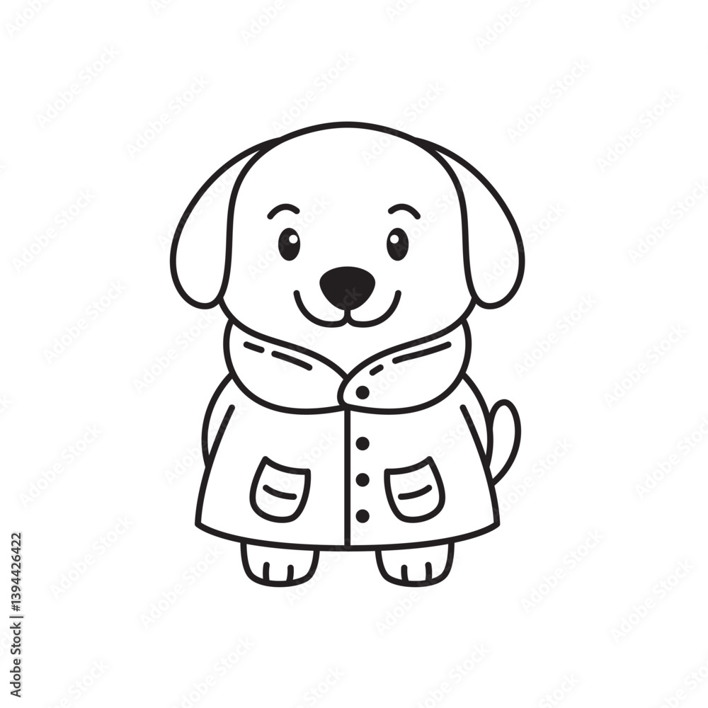 Fototapeta premium Cute Puppy Little Dog Pet Animal Cartoon Character Wearing Jacket Coat in Line Art Design