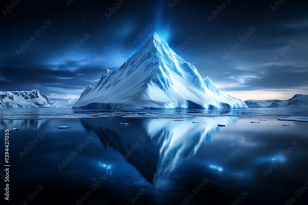 A majestic icy mountain range reflecting perfectly in still water