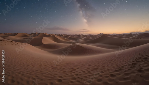 A peaceful desert landscape with sand dunes under a starry sky