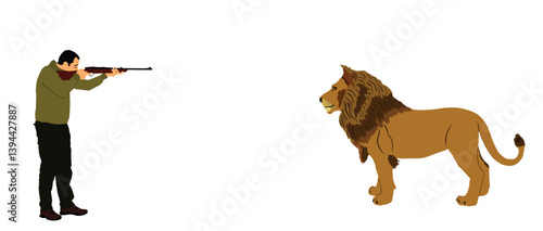 Man poacher shooting on lion vector illustration isolated. Hunter with rifle target lion big wild cat. Illegal hunt. Aiming boy safari trophy beast. Wildlife criminal activity. Vet ranger injection.