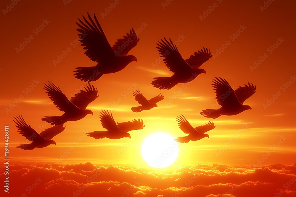 Several birds of prey soaring through warm orange sunset skies