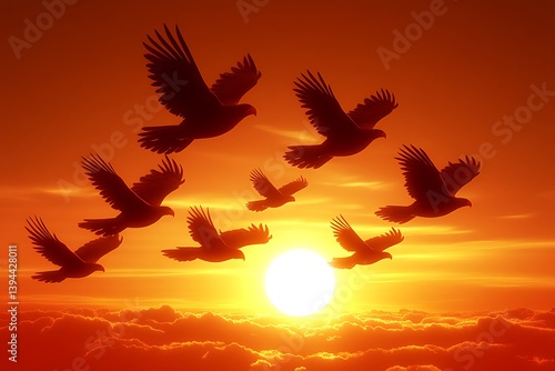 Obraz na płótnie Several birds of prey soaring through warm orange sunset skies w salonie