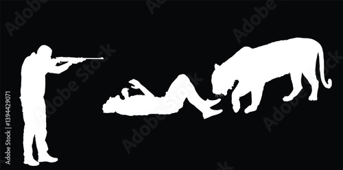 Shape hunter with rifle shooting on tiger attacks injured man lies on ground vector silhouette isolated. Boy lying down against angry beast animal. Tourist zoo park accident fall in cage life treating