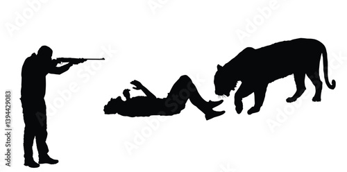 Shape hunter with rifle shooting on tiger attacks injured man lies on ground vector silhouette isolated. Boy lying down against angry beast animal. Tourist zoo park accident fall in cage life treating