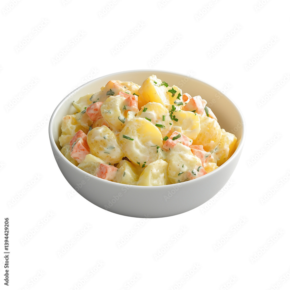 A creamy potato salad mixed with colorful vegetables in a white bowl, perfect for picnics and gatherings. isolated on white background and transparent background A creamy potato salad mixed with colorful vegetables in a white bowl, perfect for picnics and gatherings. isolated on white background and transparent background