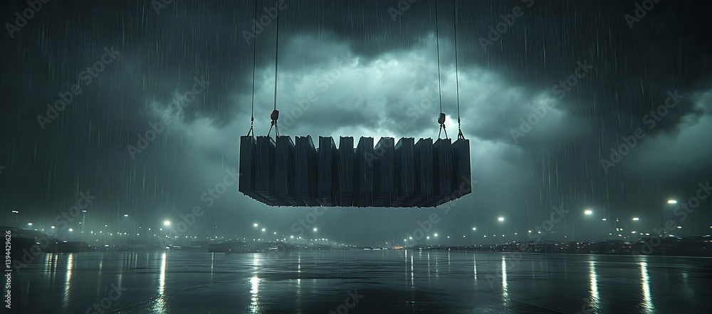 Large structure lifted by cranes in the middle of heavy rainfall