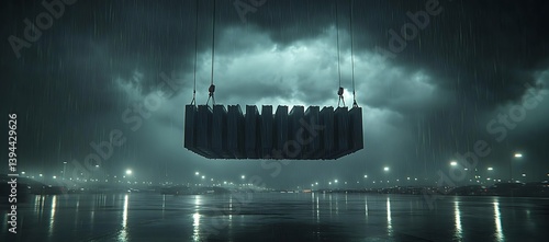 Obraz na płótnie Large structure lifted by cranes in the middle of heavy rainfall w salonie