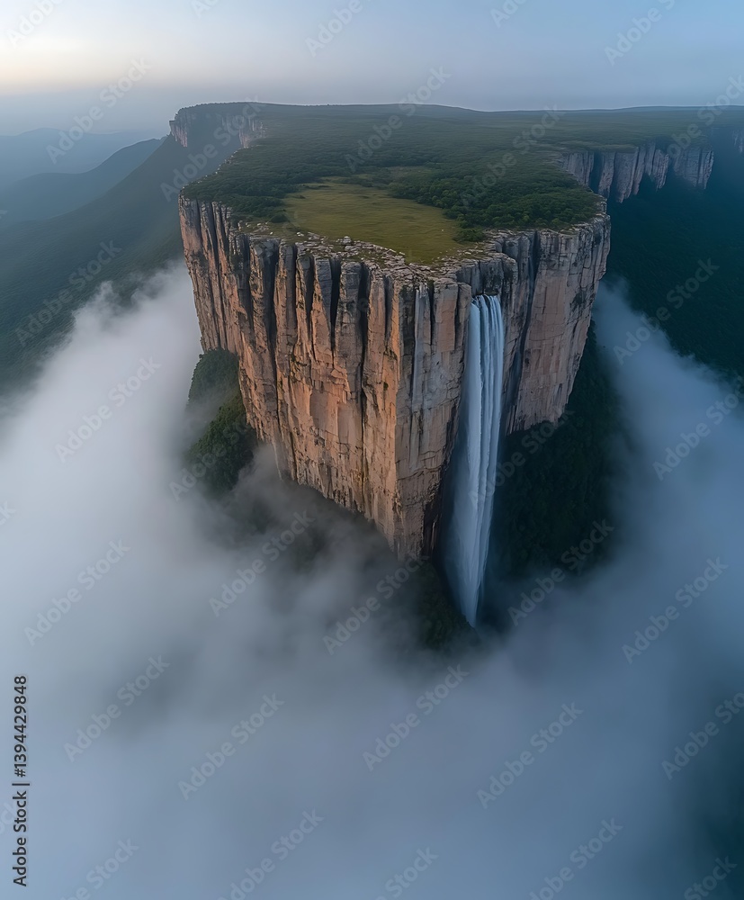 Majestic waterfall cascading down a massive cliff face into thick clouds
