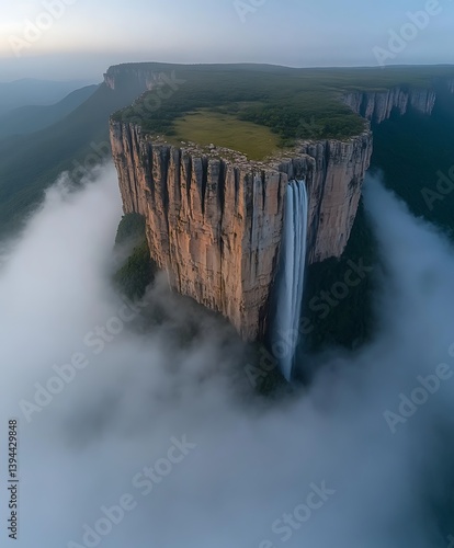 Obraz na płótnie Majestic waterfall cascading down a massive cliff face into thick clouds w salonie