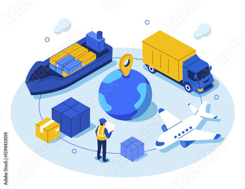 Supply chain with cargo ship, aircraft, goods truck. Сustoms officer inspector at check cargo clearance. Global logistic, delivery, cargo transport concept. Flat isometric vector illustration.