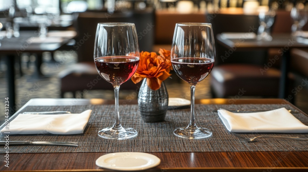 Two Glasses of Red Wine on Elegant Restaurant Table Two Glasses of Red Wine on Elegant Restaurant Table