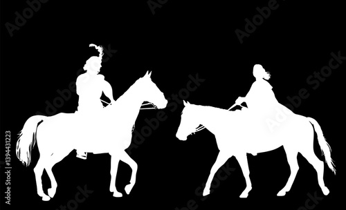 Medieval princess riding horse with prince vector silhouette illustration isolated. Girl in cloak ride horse. Woman man couple enjoy countryside riding. Noble aristocratic lady and knight horseback.